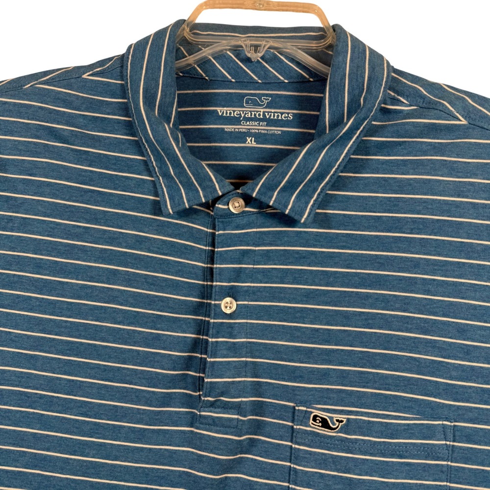 Vineyard‎ Vines Polo Shirt Men XL Blue Striped Pima Cotton Classic Fit Pocket